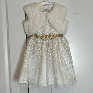 Jona Michelle White Gold Faux Fur Bolero Formal Tulle Bow Fancy Holiday Dress 4T